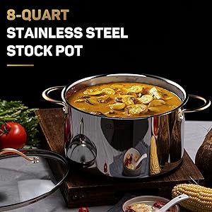 Ciwete 8 Quart Stock Pot, 3 Ply Whole Clad Stainless Steel Stock Pot, 8 QT Cooking Pot with Lid, Induction Pot for Cooking, 18/10 Stainless Steel Cookware Stockpots Oven, Gas and Dishwasher Safe