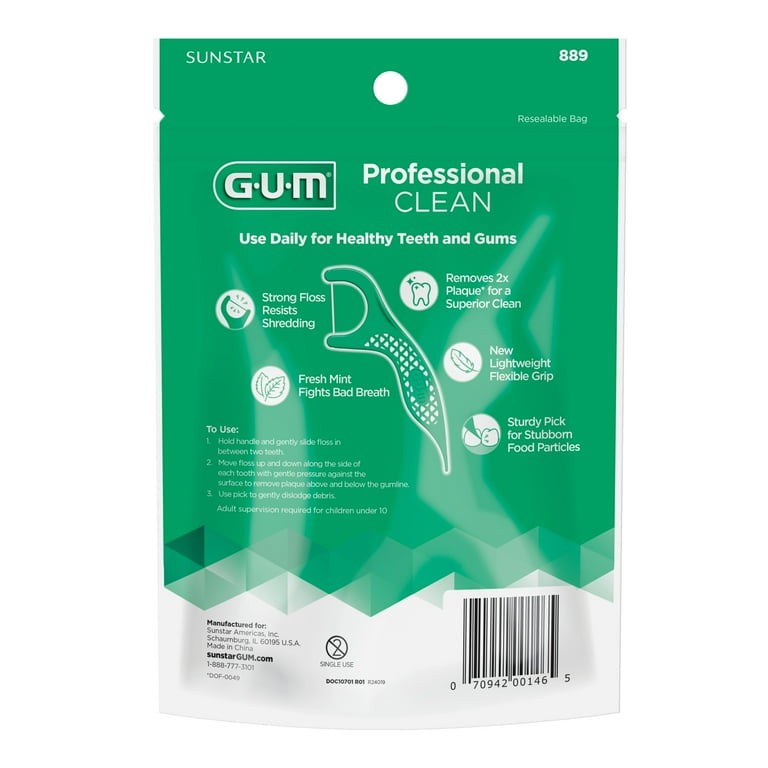 GUM Professional Clean Floss Picks - Extra Strong Shred-Resistant Floss, Easy Grip Handle, 150 Count