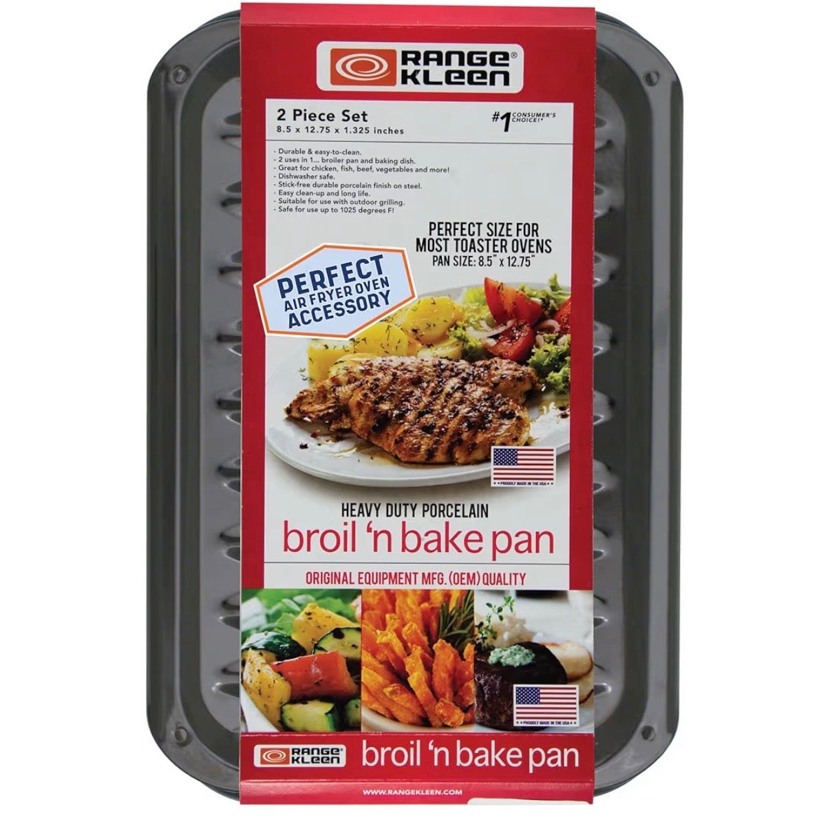 Range Kleen BP106X Made in the USA Junior Size Air Fry, Bake and Broil Pan 8.5" x 12.75" Black
