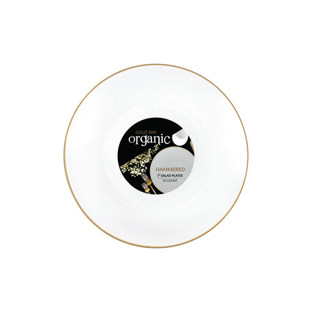 Organic Hammered White Transparent Gold Rim 7″ Plates (10 Count)