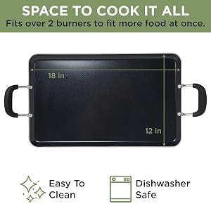 Ecolution Artistry Nonstick Double Burner Griddle, Easy To Clean, Cool Touch Silicone Handle, Dishwasher Safe Pots and Pans, 12-Inch x 18-Inch, Black