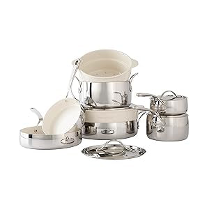 Bloomhouse 12 Piece Triply Stainless Steel Pots and Pans Cookware Set w/Non-Stick Non-Toxic Ceramic Interior, Ceramic Steamer Inserts, & 12 Protective Care Bags