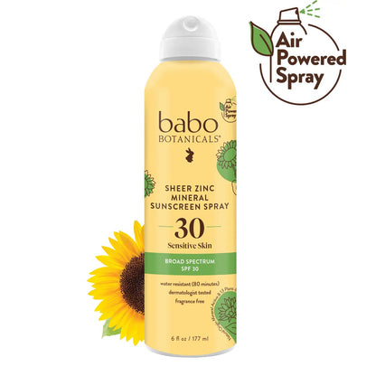 Babo Botanicals Sheer Zinc Mineral Sunscreen Spray SPF 30 (6 oz) Air Powered Spray (Non-Flammable) Sun Protection