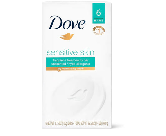 Dove Sensitive Skin Hypo-Allergenic Beauty Bar Soap, Unscented, 4 Ounces, 6-Pack