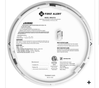 SMOKE/CARBON DETECTOR w/10 YEAR SEALED BATTERY