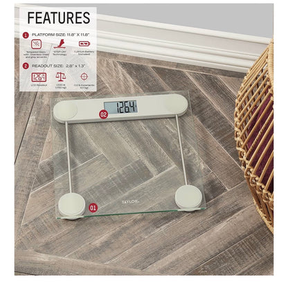 Taylor Digital Scale for Body Weight, Highly Accurate Digital Bathroom Scale Large Backlight LCD Readout Display, 330 Pounds Capacity, Clear Glass Platform with Stainless Steel Accents
