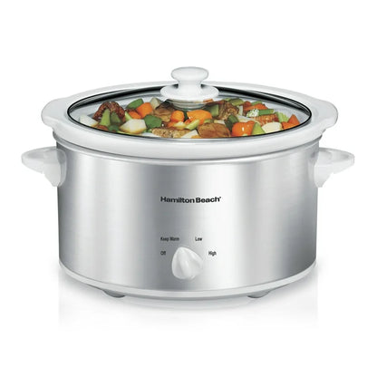 Hamilton Beach 4 Qt Slow Cooker, Stoneware Crock with Removable Pot, White and Silver