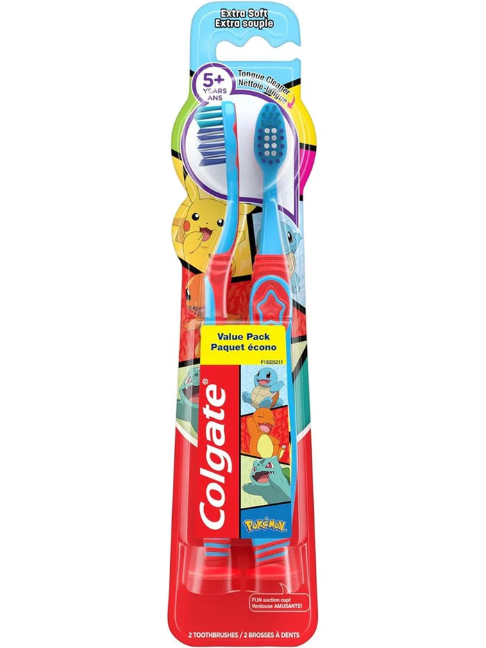 Colgate Extra Soft Toothbrush for Kids with Built-in Suction Cup Toothbrush Holder Designed for Children Ages 5 and Up Extra Soft Bristles Pokemon - 2ct