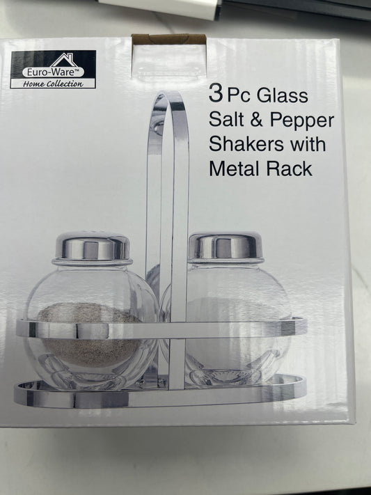 Salt and pepper shaker with metal rack