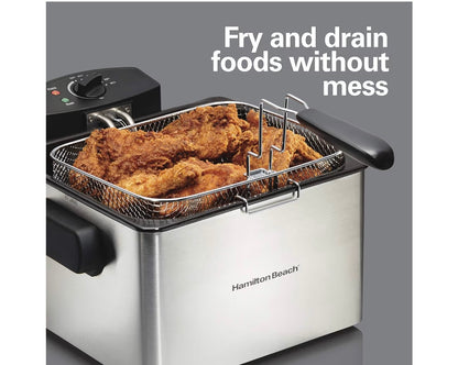 Hamilton Beach 35042 Professional Style Electric Deep Fryer, Frying Basket with Hooks, 1800 Watts, 5 Liter, Stainless Steel