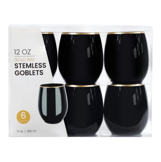 Stemless Goblets 12 oz Black Gold Rim