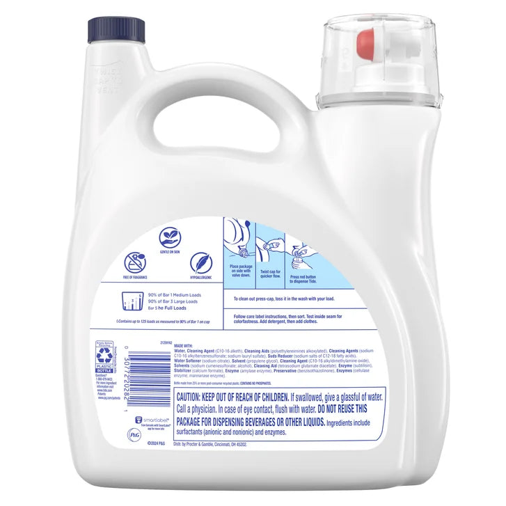 Tide Advanced Care Liquid Laundry Detergent, Free & Gentle, 125 Loads, 154 fl oz