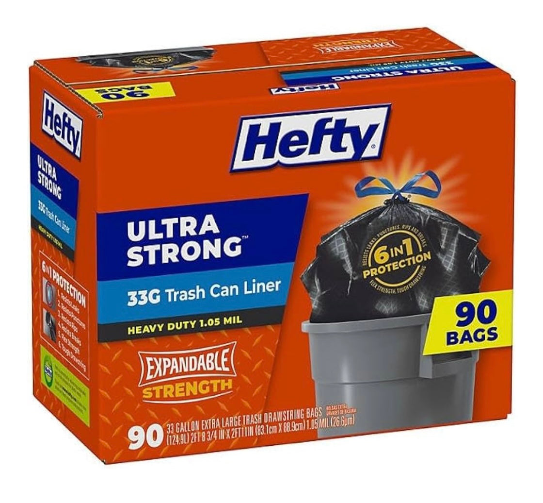 Heftyy Ultra Strong Trash Can Liners, 33 Gallon, 90 Count, Heavy Duty
