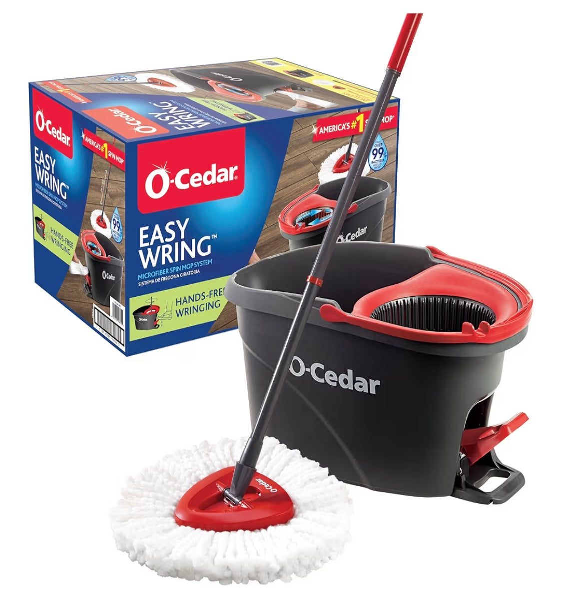 O-Cedar EasyWring Microfiber Spin Mop, Bucket Floor Cleaning System, Red, Gray, Standard