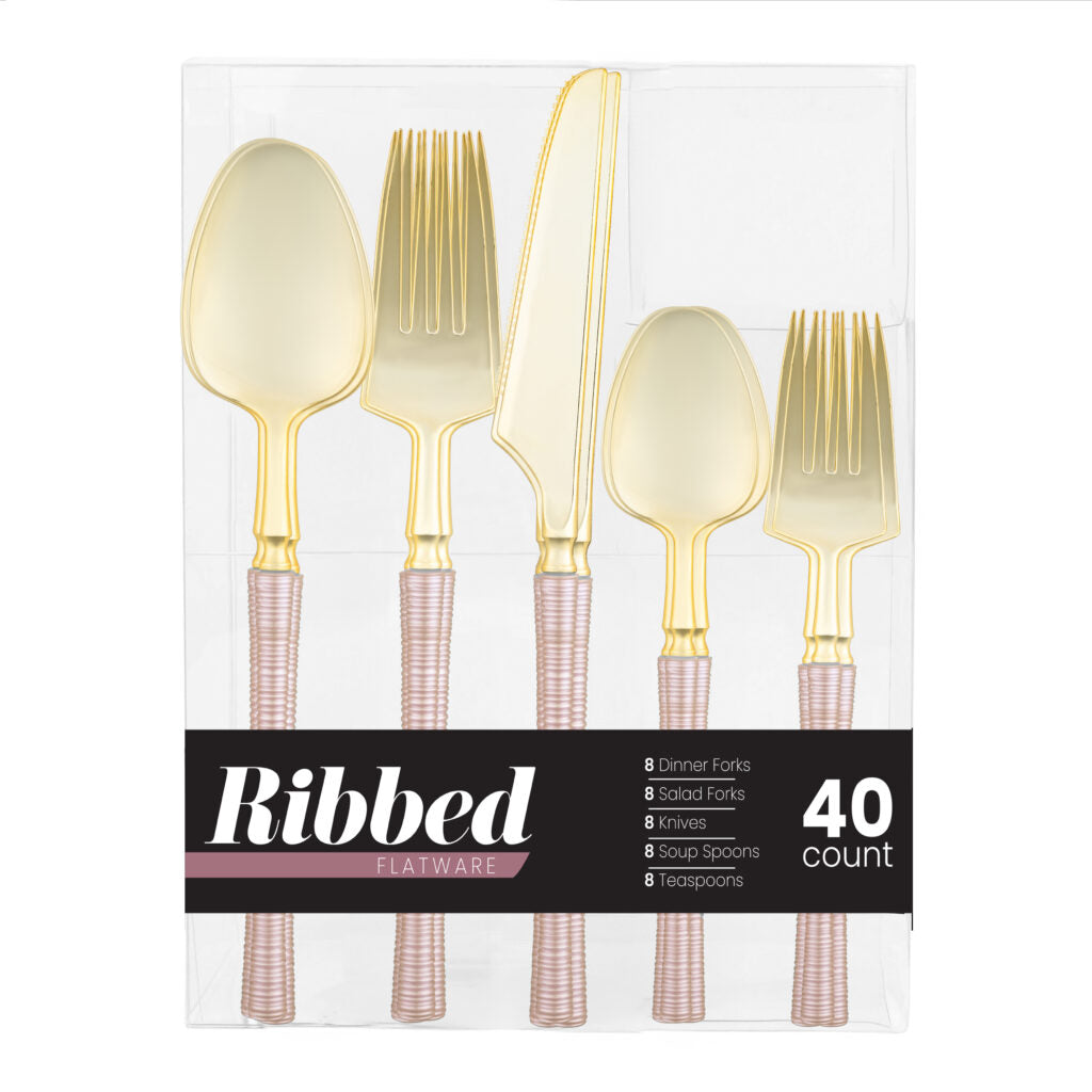 Ribbed Flatware Combo Pink Pearl/Gold (40 Count)