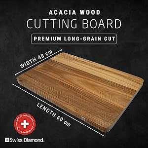 Swiss Diamond, Long Grain Acacia Wood Cutting Board, Heavy Duty Wooden Cutting Board for Charcuterie, Fruits & More, Supports Knife Sharpness and Cleanliness, 60 x 40 cm