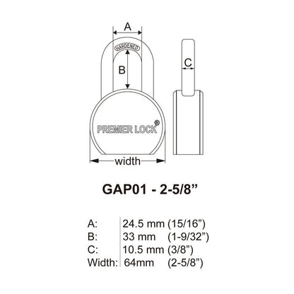 2-5/8" Solid Steel Commercial Gate Keyed Padlock with Short Shackle and 3 Keys-Carded