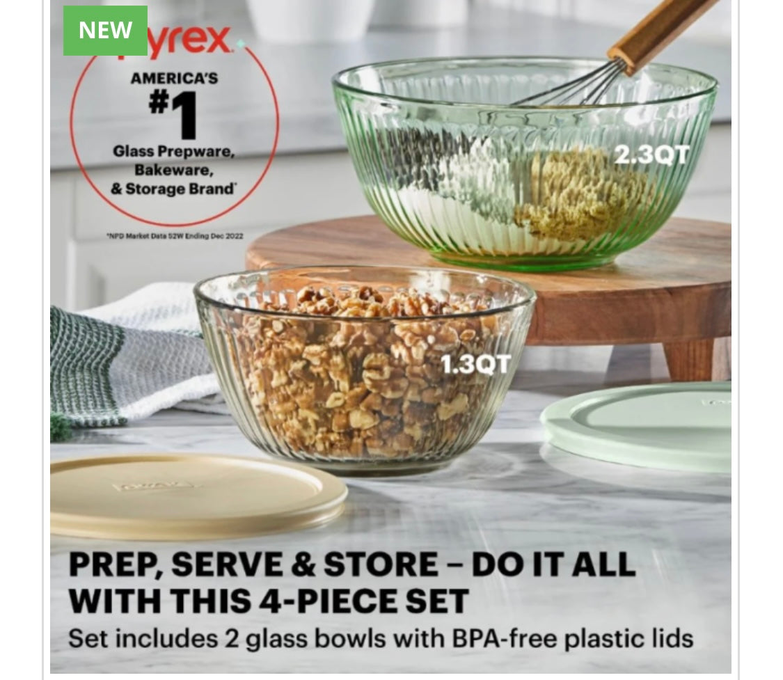 PYREX-4 PC.COVERD MIXING BOWLS 1.3 QT and 2.3 QT