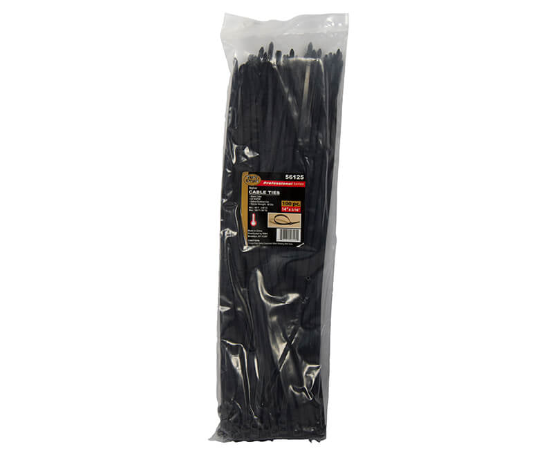 14" Black Nylon Cable Ties

Tuff Stuff Professional Series
14" X 3/16" NYLON CABLE TIE BLACK COLOR UV RESISTANT 60 LB. STRENGTH 100 PK. PER POLYBAG