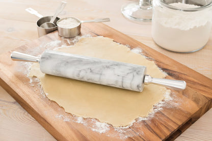 MARBLE ROLLING PIN AND BASE WITH ALUMINUM HANDLES, WHITE