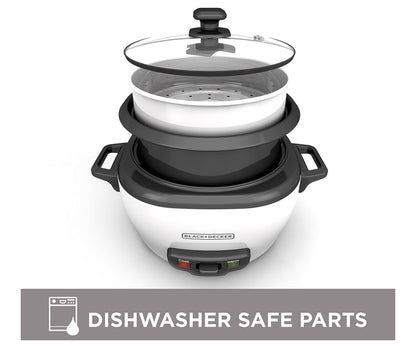 BLACK+DECKER 6-Cup Rice Cooker, RC506, 3-cup Uncooked Rice, Steaming Basket, Removable Non-Stick Bowl, One Touch