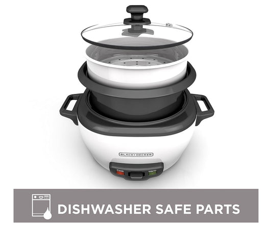 BLACK+DECKER 6-Cup Rice Cooker, RC506, 3-cup Uncooked Rice, Steaming Basket, Removable Non-Stick Bowl, One Touch