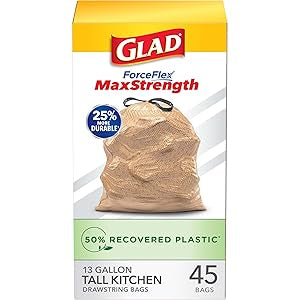 Glad Tall Kitchen Trash Bags 13 Gallon, MaxStrength Recovered Plastic Garbage Bags, Odorshield with Drawstring, 45 Count
