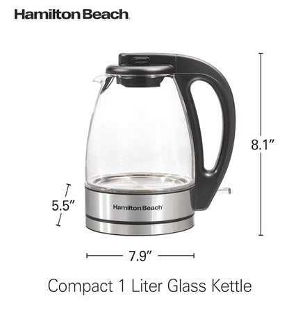 Hamilton Beach Glass Electric Tea Kettle, Water Boiler & Heater, 1 Liter, 1500 Watts for Fast Boiling, BPA Free, Cordless Serving, Auto-Shutoff & Boil-Dry Protection, Soft Blue LED
