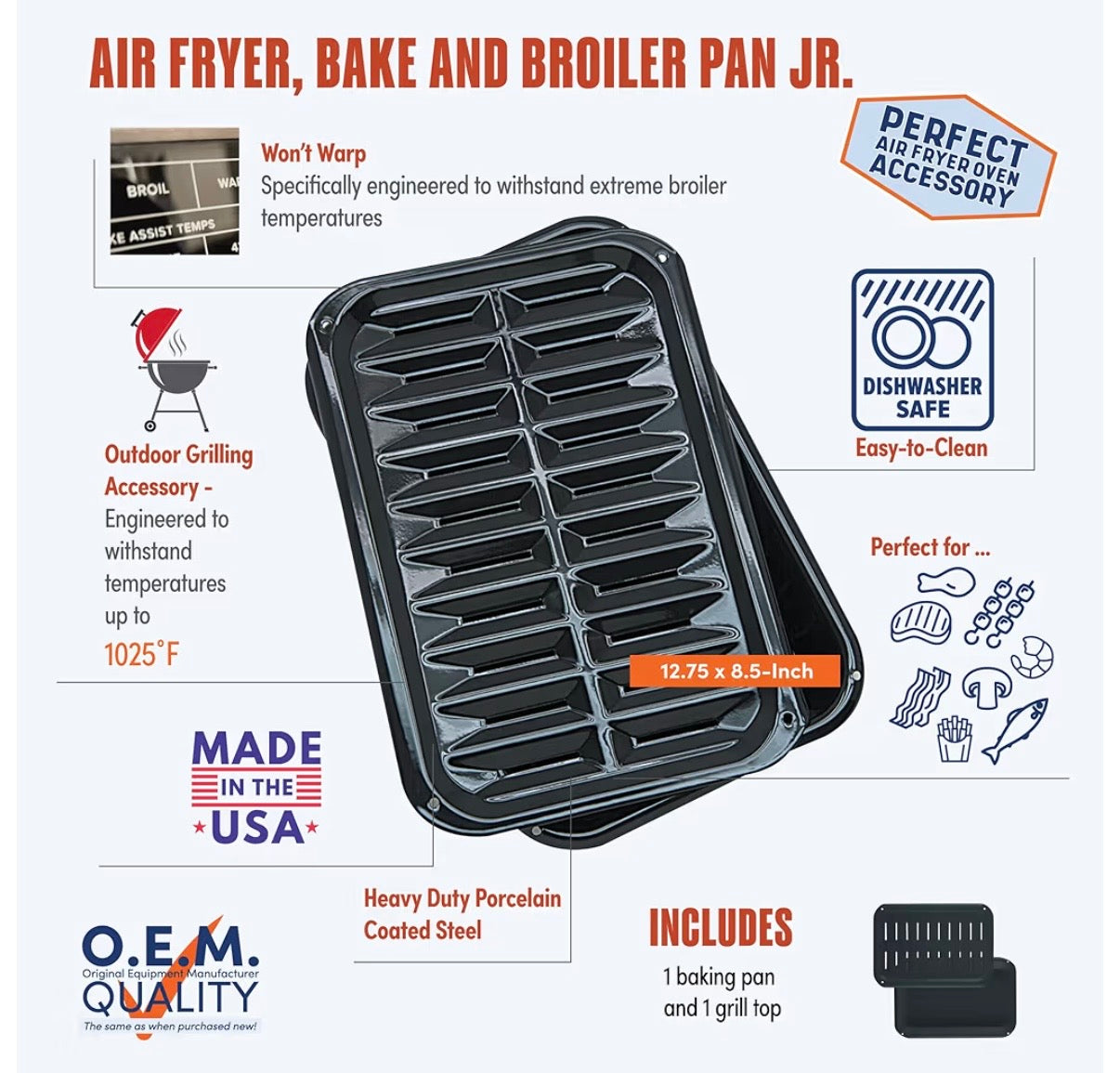 Range Kleen BP106X Made in the USA Junior Size Air Fry, Bake and Broil Pan 8.5" x 12.75" Black