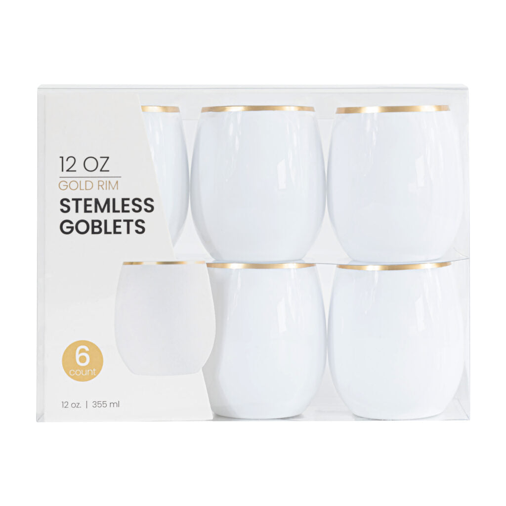 Stemless Goblets 12 oz White Gold Rim