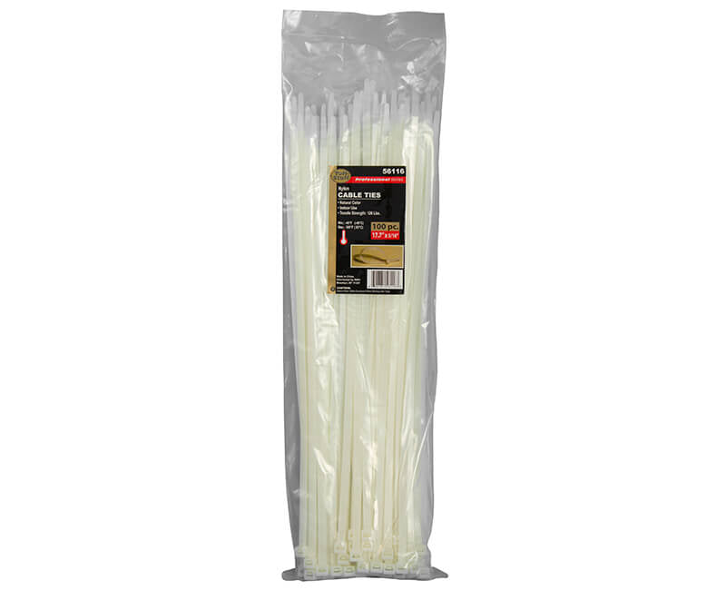 Tuff Stuff Professional Series
17.7" X 5/16" NYLON CABLE TIE NATURAL COLOR 120 LB. STRENGTH 100 PK. PER POLYBAG 18”