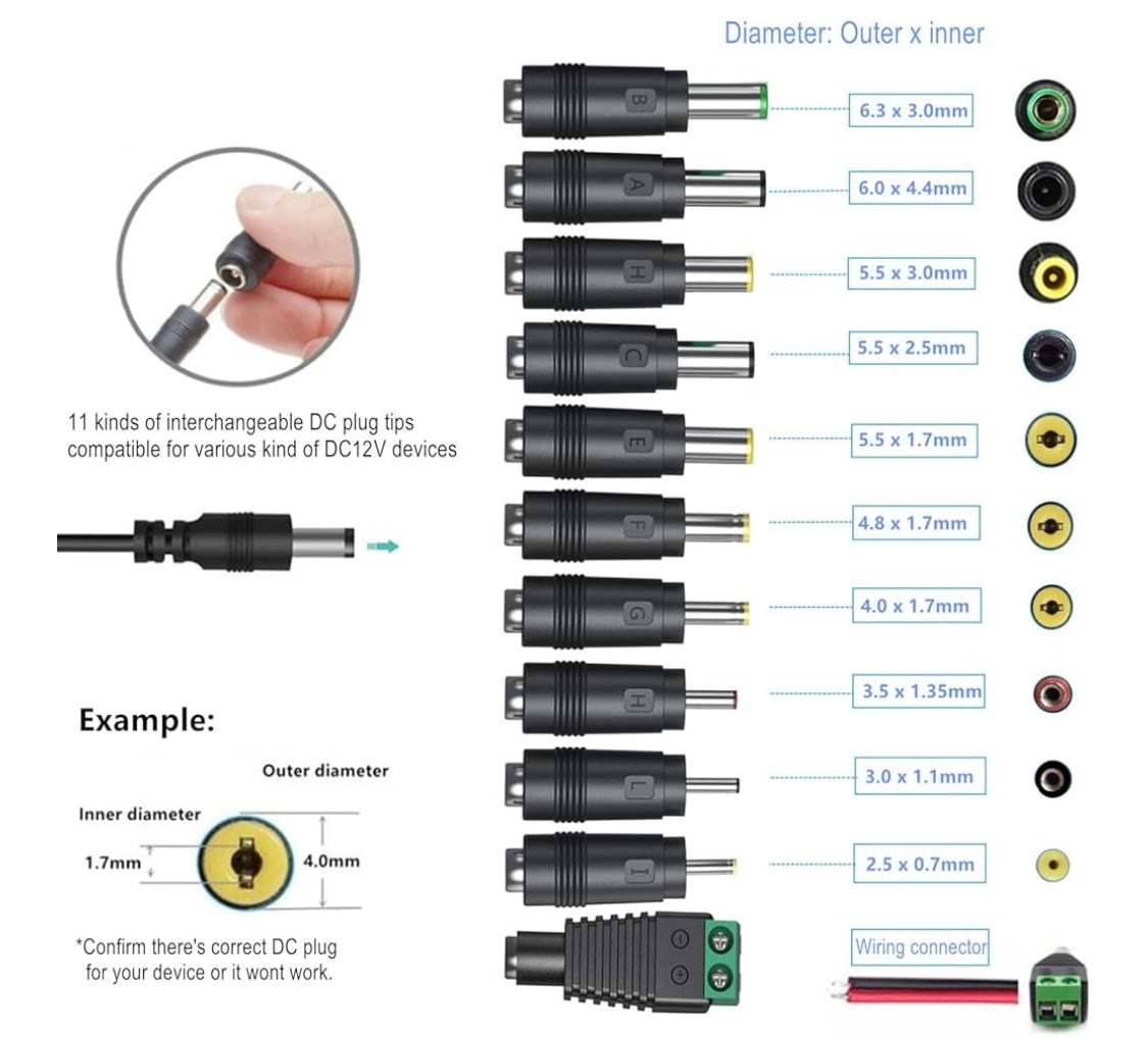 GuanTing Universal AC Adapter 12V 2A Power Supply Charger 24W AC110V to DC12V 2000mA 1500mA 1000mA 500mA Power Driver 11 DC Plug Tips 12 Volt Converter Inverter Transformer ac dc Adapter(DC12V~2A)