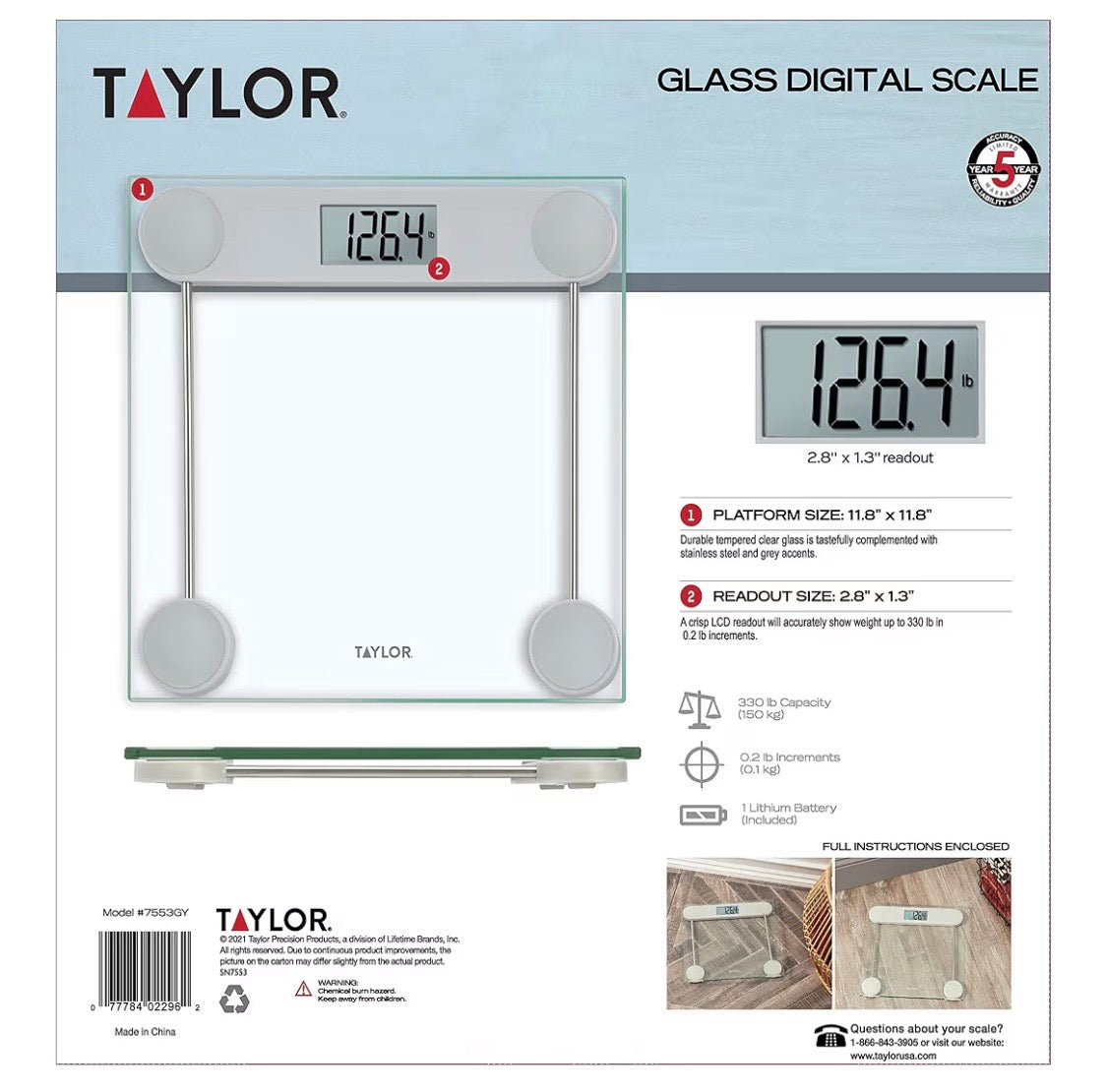 Taylor Digital Scale for Body Weight, Highly Accurate Digital Bathroom Scale Large Backlight LCD Readout Display, 330 Pounds Capacity, Clear Glass Platform with Stainless Steel Accents