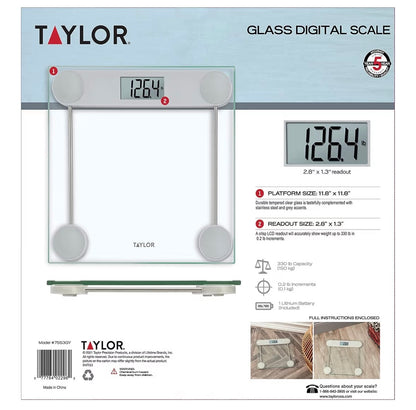 Taylor Digital Scale for Body Weight, Highly Accurate Digital Bathroom Scale Large Backlight LCD Readout Display, 330 Pounds Capacity, Clear Glass Platform with Stainless Steel Accents