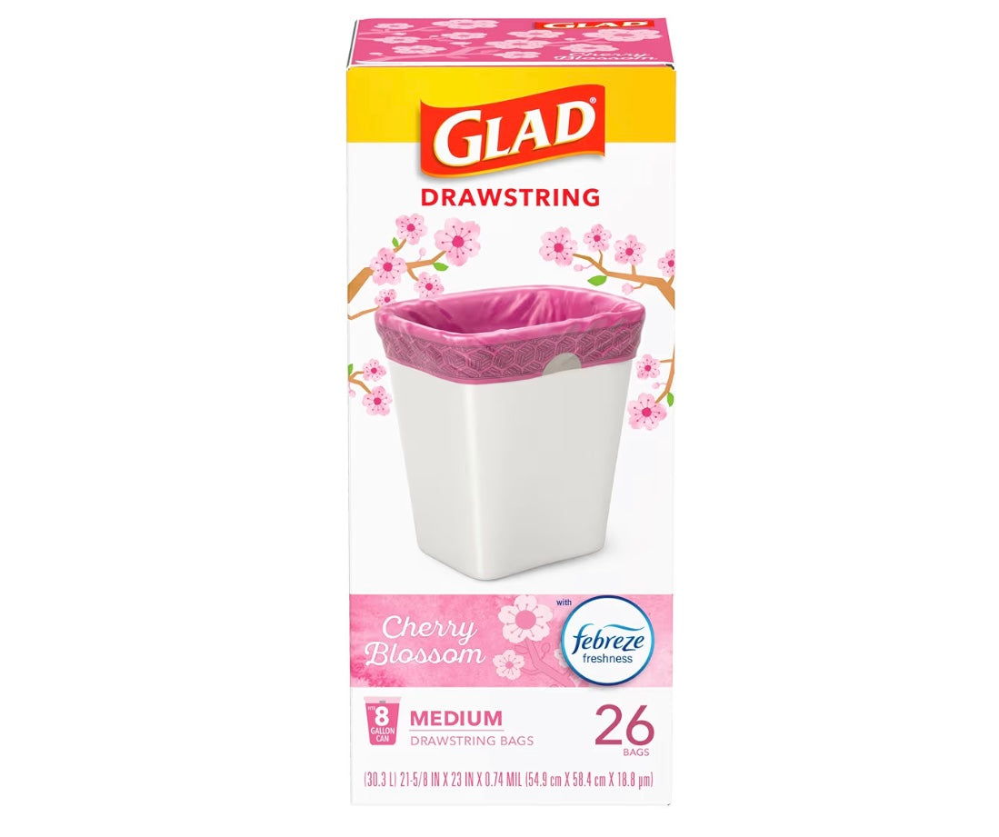 Glad OdorShield Medium Trash Bags, 8 Gal, Febreze Cherry Blossom, 26 Ct (Package May Vary)