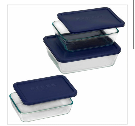 Pyrex rectangle set 3-6-1 cup with blue covers