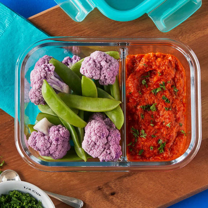 Pyrex® MealBox™ 4-cup Divided Glass Food Storage Container with Turquoise Lid