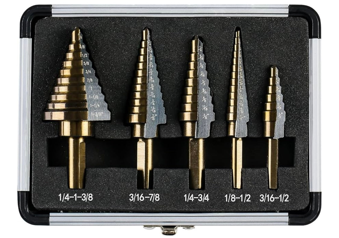 Step Drill Bits, 5PCS HSS Titanium Step Drill Bit Set, 50 Sizes High Speed Steel Step Bits for Metal with Aluminum Case
