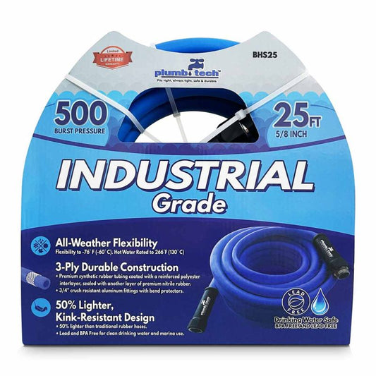 5/8" x 25' Industrial Grade Dual-Purpose Blue Synthetic Rubber Hose, BPA Free for Safe Drinking, 500 PSI Burst Pressure