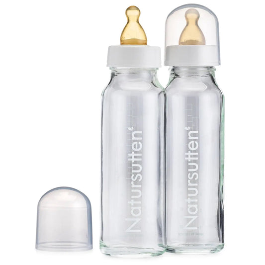 Natursutten Anti-Colic Glass Baby Bottle 2-Pack - 8 Ounce Bottles for Breastfeeding Babies - Newborn Bottles Set: Natural Rubber Slow-Flow Bottle Nipples, Seals, Valves, Baby Bottle Caps