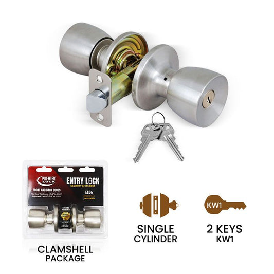 Stainless Steel Keyed Entry Door Knob - Tubular With 2 KW1 Keys-Carded