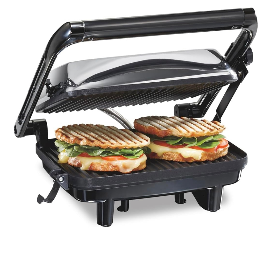 Hamilton Beach Panini Press Sandwich Maker & Electric Indoor Grill with Locking Lid, Opens Wide to Fit Any Thickness for Quesadillas, Burgers & More, Nonstick 8" x 10" Grids, Chrome