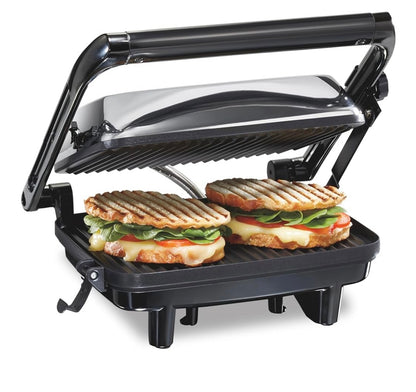Hamilton Beach Panini Press Sandwich Maker & Electric Indoor Grill with Locking Lid, Opens Wide to Fit Any Thickness for Quesadillas, Burgers & More, Nonstick 8" x 10" Grids, Chrome