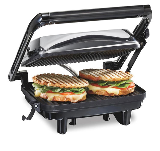 Hamilton Beach Panini Press Sandwich Maker & Electric Indoor Grill with Locking Lid, Opens Wide to Fit Any Thickness for Quesadillas, Burgers & More, Nonstick 8" x 10" Grids, Chrome