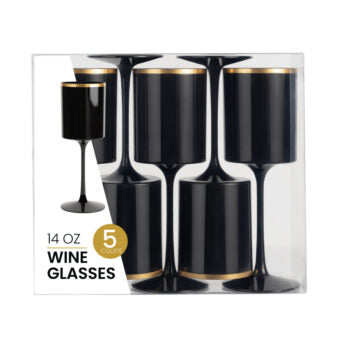 Square Wine Glass 14oz Black/Gold Rim (5 Count)
