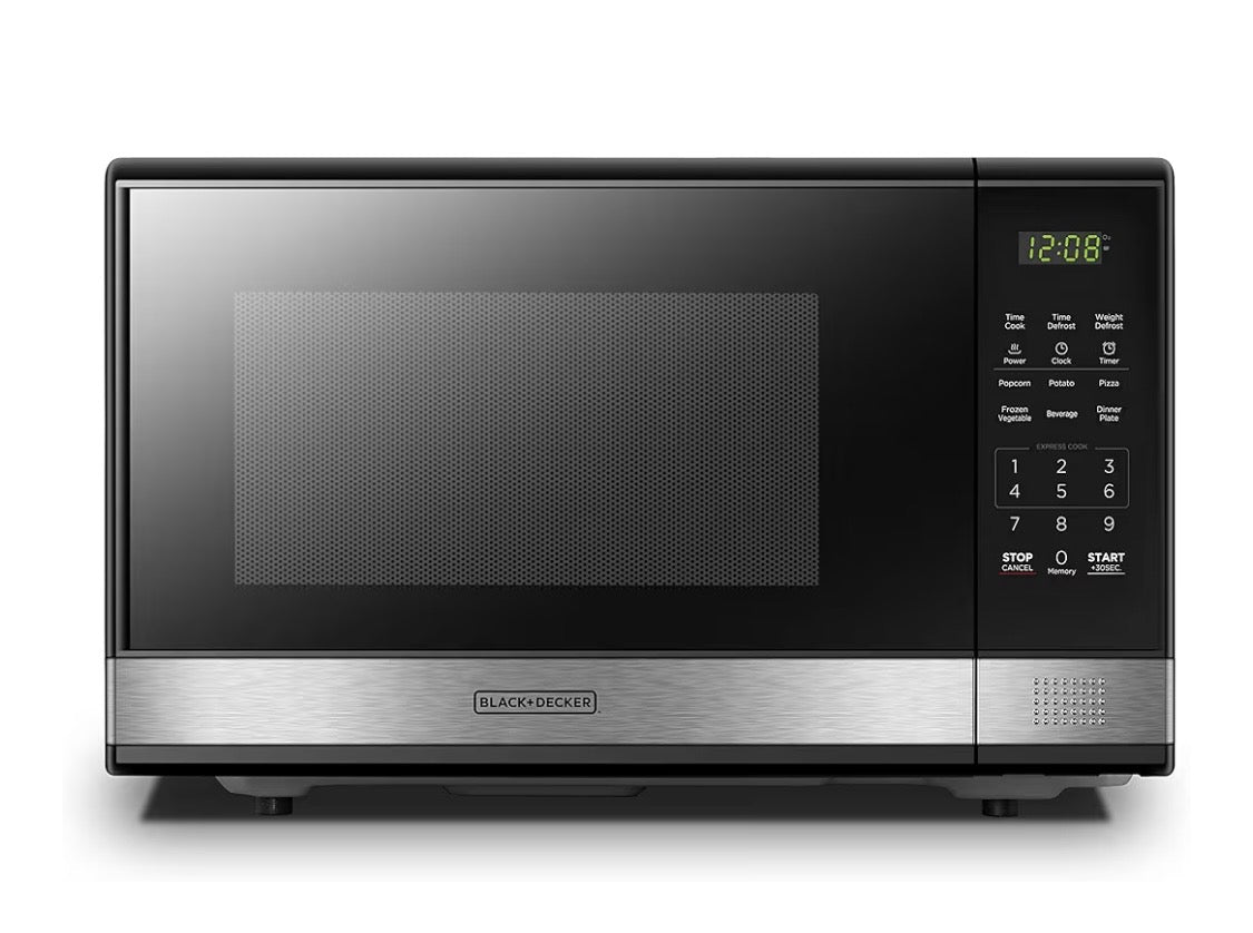 BLACK+DECKER EM031MNR – X2 ￼ Digital Microwave Oven with Turntable Push-Button Door, Child Safety Lock, 1000W, 1.1cu.ft, Black & Stainless Steel, 1.1 Cu.ft