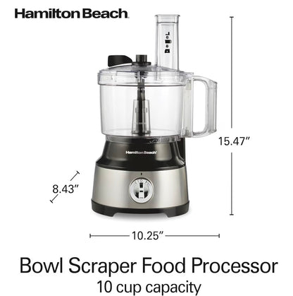 Hamilton Beach Food Processor & Vegetable Chopper for Slicing, Shredding, Mincing, and Puree, 10 Cups + Easy Clean Bowl Scraper, Black and Stainless Steel (70730)