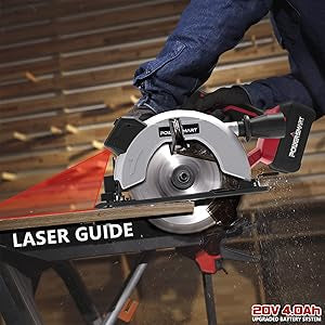 PowerSmart 20V 6-1/2 Inch Cordless Circular Saw with 4.0Ah Battery and Fast Charger, 4300 RPM, Laser & Parallel Guide, 2 Blades