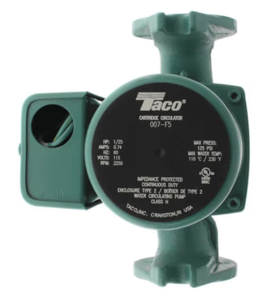 Taco 007-F5 Cast Iron Circulator, 1/25 HP Pump with Universal Pump Flange Gaskets and Wire Gland, Green