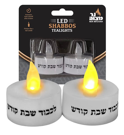 Ner Mitzvah LED Shabbat Candles - Battery Operated Flameless Tealight Candles with Automatic Timer